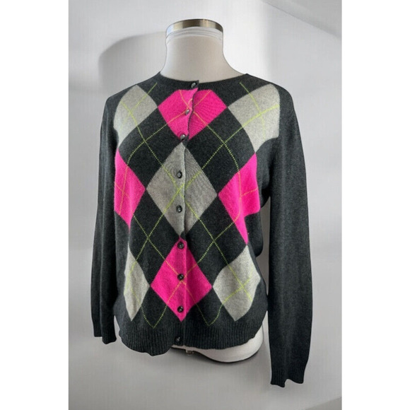 Apt 9 Cashmere Cardigan Sweater Gray Argyle Diamond Button Up Women's Size XL - Picture 2 of 16